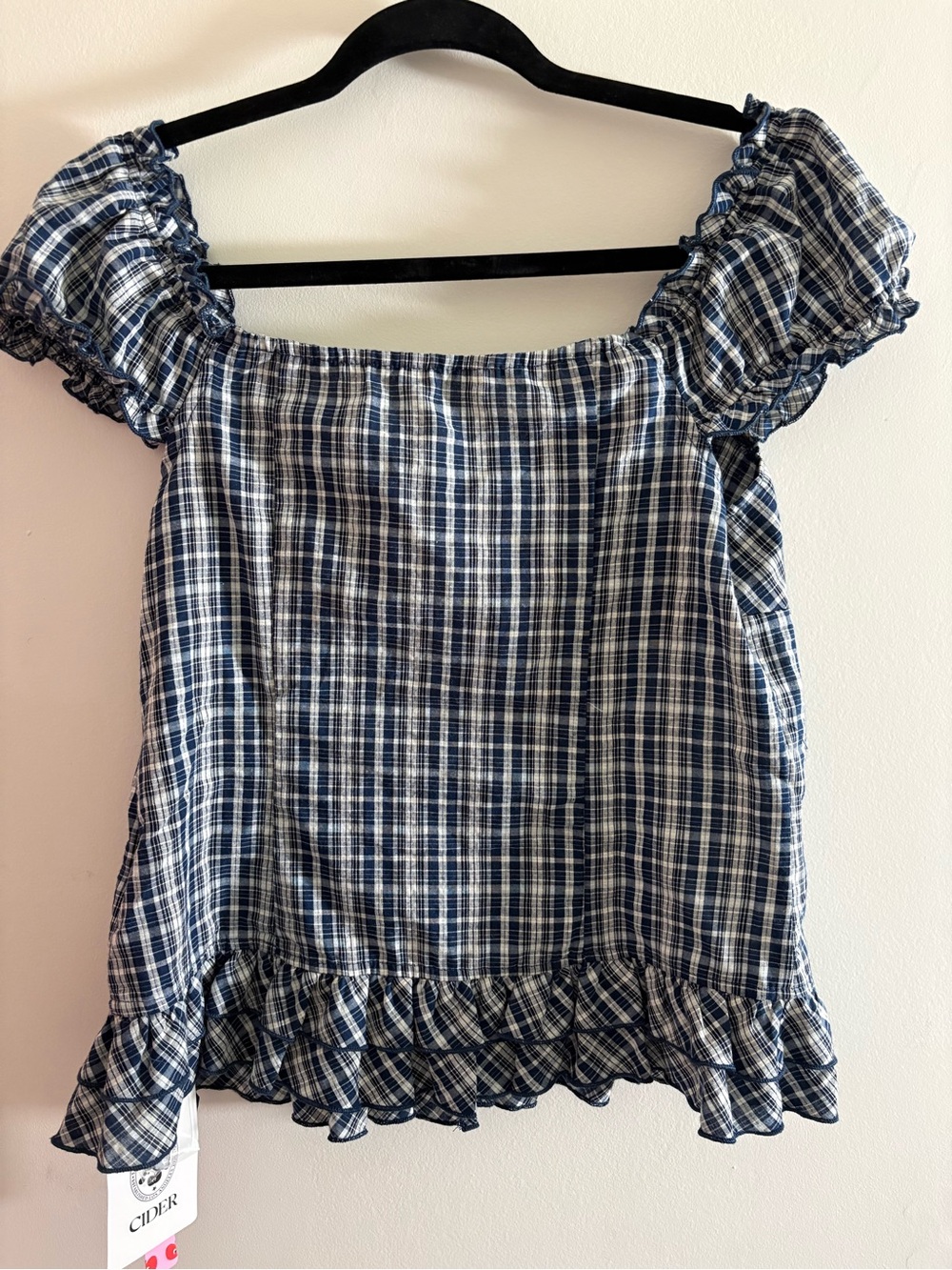 Cider Blue Plaid Ruffle Button-Front Blouse - Picture 2 of 3